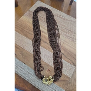 Vtg Brown Seed Beaded Multi-Strand Gold Tone Flower Clasp Boho Necklace Jewelry‎